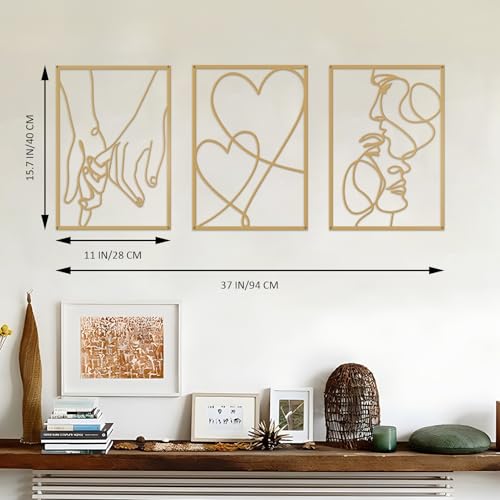 3 Pieces Metal Minimalist Line Wall Art, Valentine's Day Lover Kiss Hand Metal Wall Decor, Aesthetic Modern Home Hanging Wall Art Decor for Bedroom Bathroom Living Room (Gold) - Image 4