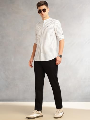 Image of Thomas Scott Men's Slim Fit Cotton Linen Casual Shirt with Mandarin Collar | Vertical Stripes | Three-Quarter Roll-Up Sleeves