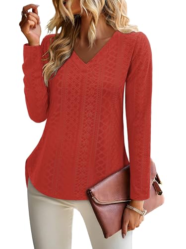 KISSMODA Long Sleeve Fall Shirts For Women V Neck Tunic Tops Embroidered Button Down Knitted Blouses 2025