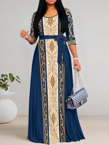 Image of Women's V Neck Floral Maxi Dress 3 /4 Sleeve Plus Size Boho Wrap Flowy Long Dresses with Belt