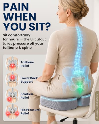 Image of 5 STARS UNITED Seat Cushion - Memory Foam Chair Cushion for Tailbone Pain Relief - Ergonomic Support for Coccyx, Sciatica & Butt - Office, Desk & Gaming Chair, Car Seat, Wheelchair, Airplane, L Gray