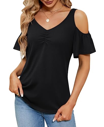 Micoson Cold Shoulder Tops for Women Summer Short Sleeve Shirts Ladies Floral Ruched Blouse Classic Cute V Neck Tunic
