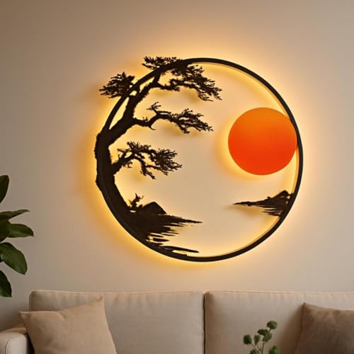 Image of RAZISH Sunset Serenity metal Wall Art | Abstract Sun Wall Decor | Modern Handcrafted Luxury Designer Sun Iron Wall Decor | Perfect for Living Room, Drawing Room, Hotel, Restaurant (Brown Leaves) (With LED)
