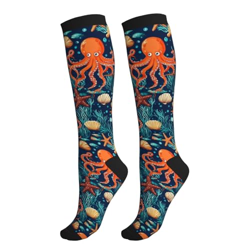Yealedee Ocean Octopus Compression Socks Calf Knee High Support Socks Novelty For Women Men Athletic Running Hiking Nurse