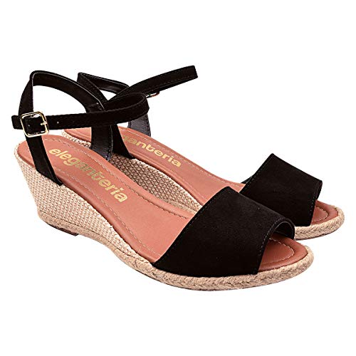 Sandália Feminina Salto Anabela Aberto Preto Eleganteria Tamanho:36;Cor:Preto