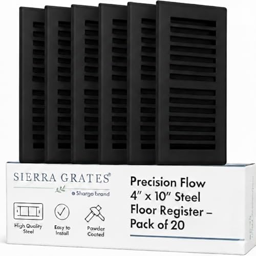 Image of 4 inch x 10 inch Black Floor Register 2 Way - Stamped Face Steel Vent Cover, HVAC Floor Grille for AC Heat, Fits 4x10 Duct Opening, Heavy Duty Metal Register, 20 Pack