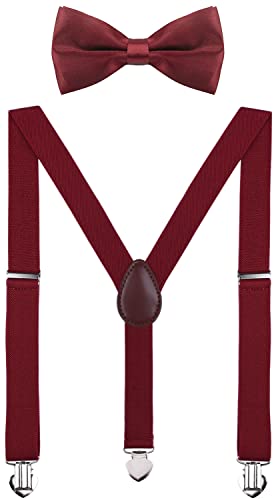 Wdsky Boys' Suspenders And Bow Tie Set Adjustable With Heart Clips 30 Inches Maroon #TOP5