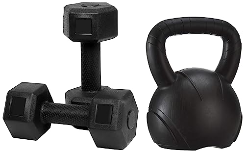 Image of FitBox Sports 6kg Exlusive Octa PVC Fixed Dumbbells (3kg x 2) Black & FitBox Sports Intruder 5 Kg Kettlebell Strength and Cardio Training Weights (Black)