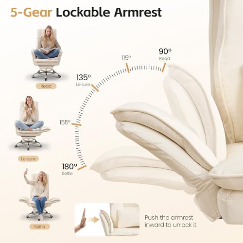 Image of Big and Tall Office Chair, Footrest & Flip Armrest for Pets, PU Beige | Executive Ergonomic Criss Cross Chair, Reclining High Back Desk Chair, Leather Swivel Computer Chair with Lumber Pillow