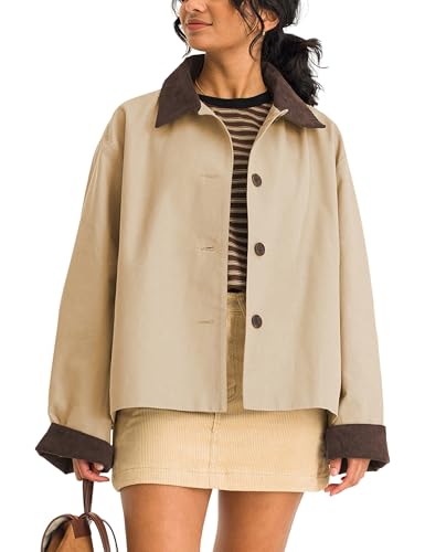Lviefent Womens Contrast Collar Jacket Casual Button Down Long Sleeves Crop Trench Coat Outerwear with Pockets