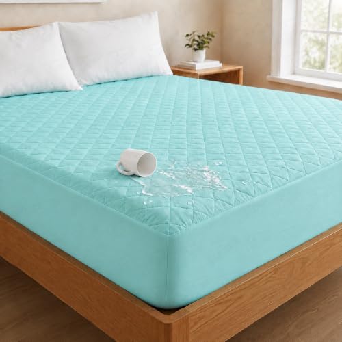 Image of Lukzer 100% Waterproof Quilted Mattress Protector Sky Blue Double Bed 72 x 48 Inches (6 x 4 ft) Cotton-Feel Bed Protector Noiseless Hypoallergenic Breathable Elastic Fitted Mattress Cover /Bed Cover
