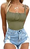 BEJONS Women Elegant Y2k Black Bodysuits Thong Square Neck Double Lined Ruched Sleeveless Body Suit Tank Top Casual Going Out Summer Vacation Teacher Outfits Dark Green S