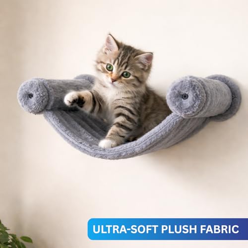 Image of Wall-Mounted Cat Hammock, Grey Plush Fabric, Strong & Secure, Ultra-Soft (16X11) FURR-154 (Grey)