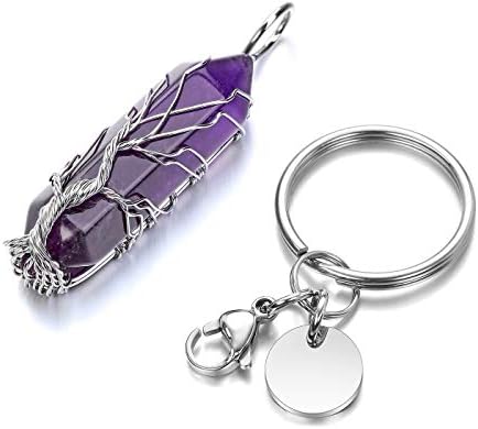 JSDDE Amethyst Healing Crystal Stone Keyring Silver Tree of Life Wire Wrapped Hexagonal Crystal Points Pendant Keychain