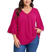 SCOMCHIC Blusas plus size para mulheres elegantes casuais 3/4 camadas manga sino gola V camisas elegantes túnica de trabalho, Rosa choque, 3G