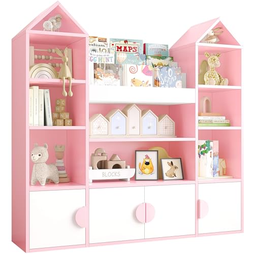 IRONCK Kinderregal Spielzeugregal, Kinderbücherregal mit 4 Türen, 10 offene Regalböden, Burgendesign, Spielzeugaufbewahrungschrank, Kinderschrank für Kinderzimmer, Spielzimmer, 123.5x33x127cm (Rosa)