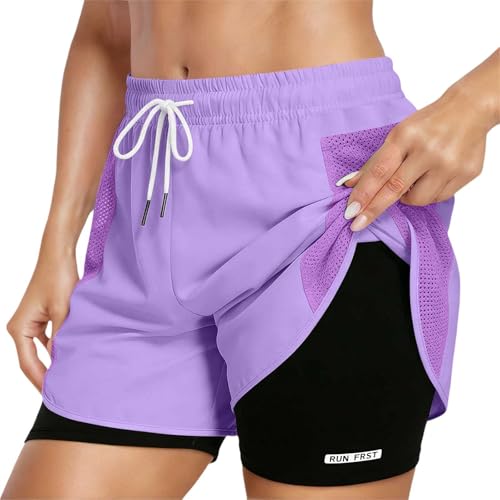 Pantalones Cortos Deportivos 2 En 1 Mujer Verano Pantalones Cortos De Deporte para Mujer con Bolsillo De Verano Mallas Ligero Transpirable Forro Interior Short Running Cintura Alta (Purple-3, S)