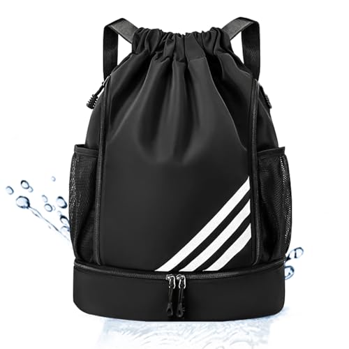 Mochila Esportiva com Cordão, Separação seca e húmida, Mochila de grande capacidade para viagens de lazer, Bolsos Laterais em Malha, Preto com Listras (Preto)