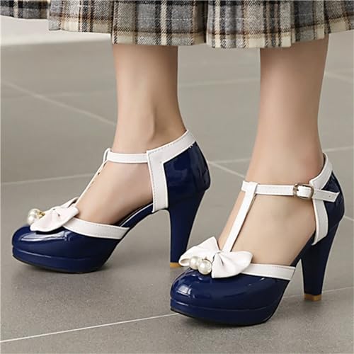 Image of Elbslutt Women's Cute Retro Rockabilly Shoes T Strap Mary Janes Heels Chunky Cosplay Shoes Sweet Block Heeled Bow Pumps