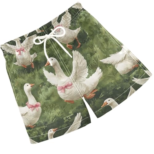 Pigsaly Boys' Swim Board Shorts Watercolor White Goose Pink Bows Boy's Swim Trunks Kids Swimwear 4T
