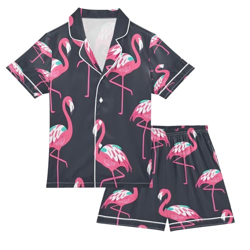 senya Pajama Sets Silky Button Down Nightwear Sleepwear Size 5-14 Years Flamingo Black Background