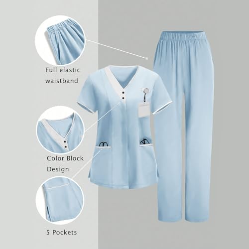 Image of 2026 Scrub for Cleaning Jobs Uniform, Multi Pockets Scrubs for Women Sets, V-Neck Top & Straight Leg Pants Scrubs Set