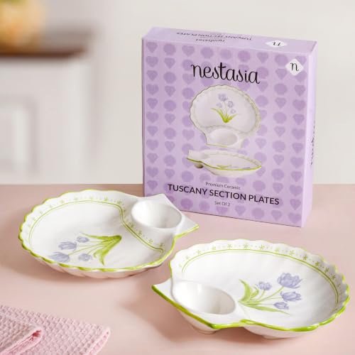 Image of Nestasia Ceramic Snack Plates Set of 2 - Serving Plate with Dip Section for Chutney or Sauce | Microwave & Dishwasher Safe Shell Shaped Design with Floral Print - Perfect for Fries, Momos, Kebab
