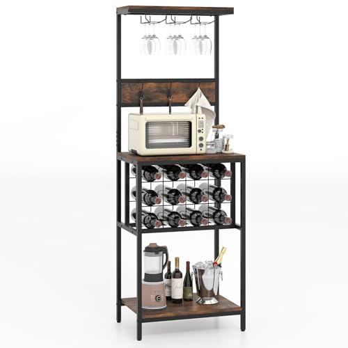 COSTWAY Estantería para Vino con Botellero para 12 Botellas, Gabinete de Bar con Soportes para Copas y 3 Ganchos, Alto Gabinete con Almacenaje para Hogar, Comedor, 54 x 37 x 156 cm
