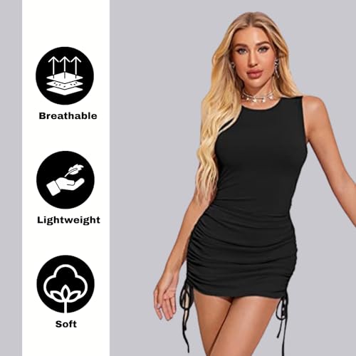 Image of LONDON BELLY Women's Solid Pattern Polyester Blend Bodycon Mini Dress with Drawstring Fitted Closure Type Round Neck and Sleeveless Thigh Length | One Piece Dresses for Women