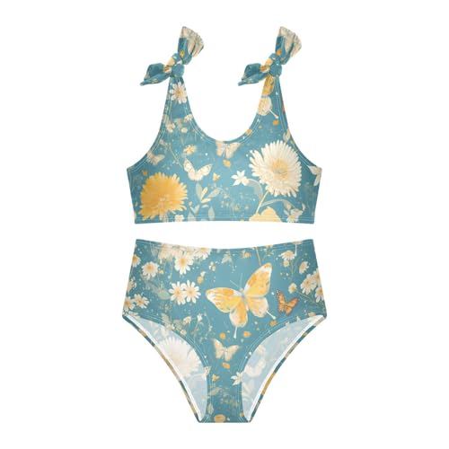 Butterflies Dandelions Pattern Butterflies Gold Girls 2 Pieces Kids Bikini Set Scoop Neck Swimsuit Swimwear Adjustable3
