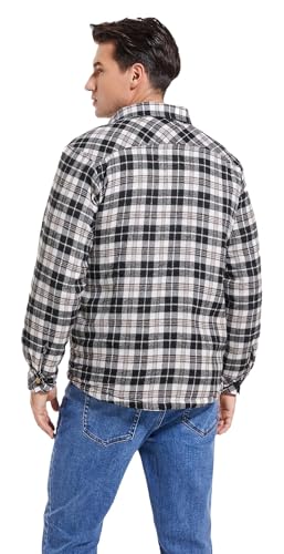 Image of Men's Sherpa Cotton Flannel Shirt Jacket Plaid Button Coat Pocket