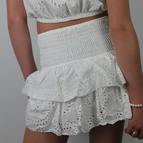 Women's Layered Ruffle Mini Skirt High Waist Flower Hollow Short Skirt Vintage Cottagecore3