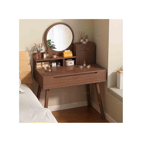 Moderno juego de mesa de tocador de madera con espejo y cajón, elegante escritorio de maquillaje para dormitorio, perfecto para niñas y mujeres, acabado de nogal (80 x 40 x 128,5 cm)