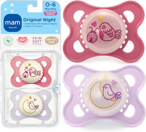 Image of MAM Original Baby Pacifiers 0-6 Months,Binky for Newborn Babies,BPA-Free Skin Soft Silicone Nipple,Glows in The Dark,Developed with Medical Experts,Sterilizer Case,Made in Europe,2 Count (Pack of 12)