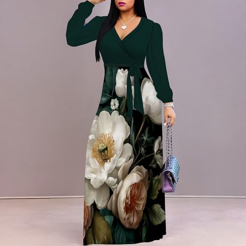 Image of Women's Plus Size Maxi Dresses Long Sleeves V Neck Floral Print Bohemian Swing Long Dress with Belt