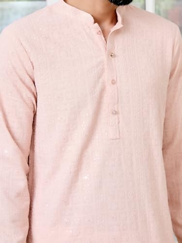 Image of See Designs Men's Full Sleeve Mandarin Collar Geometric Sequins Embroidered Thread Work Straight Long Kurta - Festive Collection