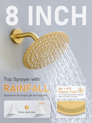 Image of Woindo Shower Faucet Set 10 inch Rain Shower Head /8'' Side Shower Head and 3 Setting Handheld Ceiling Mount 3 Push Button Diverter Complete Rainfall Round Shower System Included Valve Trim Kit