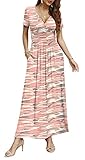 CATHY Women Short Sleeve Deep V-neck Casual Long Dress Pleated Waist Maxi Dresses with Pockets, XXL, Short Sleeve Pink Camo