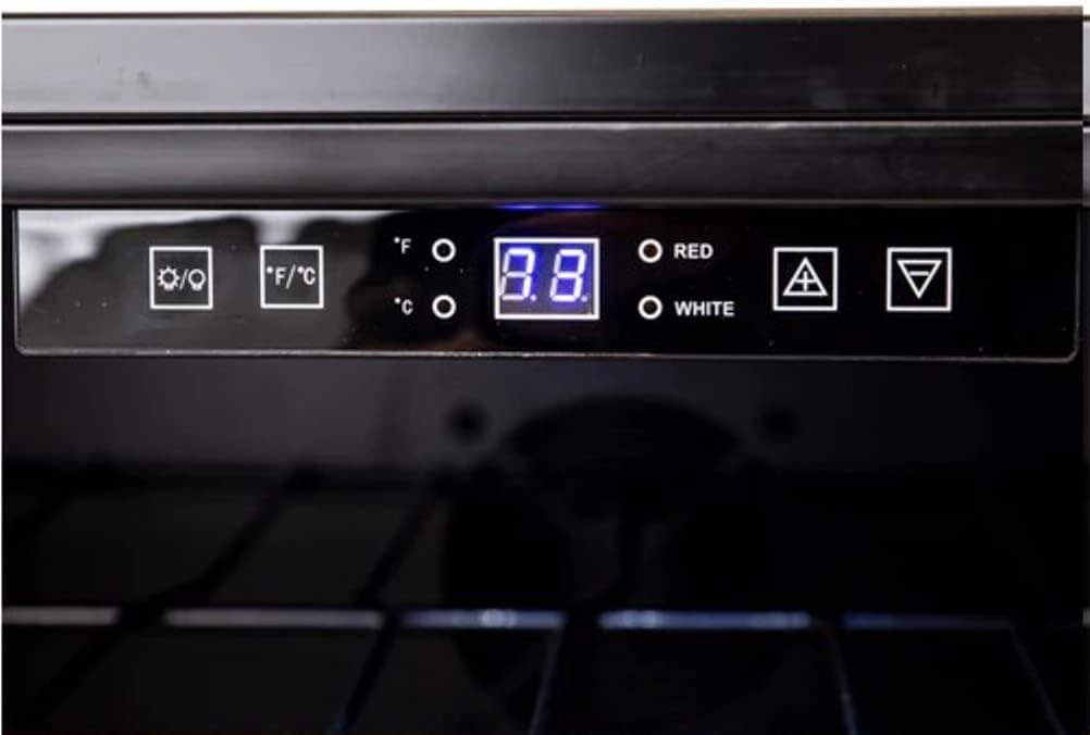 Wine cooler control panel with temperature display and buttons