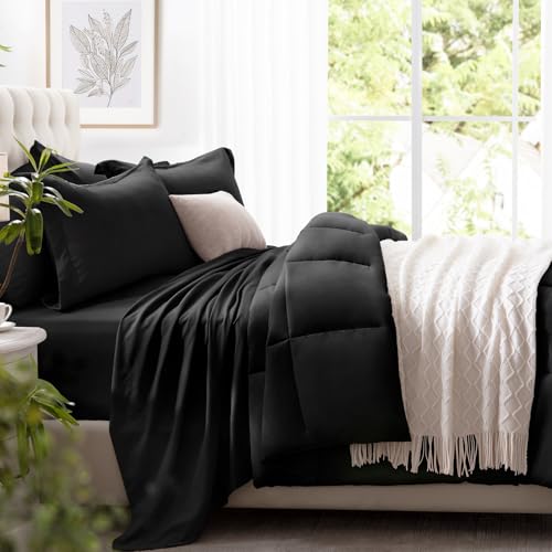 Image of California King Size Comforter Set 7 Piece,Black Bed in a Bag Bedding Sets | Zzlpp OEKO-TEX Certified,Luxury,Lightweight,All Season,Down Alternative Comforter,Breathable sheets & pillowcases