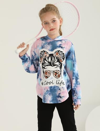 Image of Girls 2 Pcs Fall Winter Tie Dye & Leggings Outfits For Teens 5-14 | 2026 Girls Fashion Trendy, Long Sleeve Hoodie, Cool Life Print, Patchwork Pants, Back to School Holiday Tracksuit
