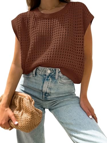 Image of Womens Summer Crochet Tops Hollow Out Cap Sleeve Cover Up Tank Top Pullover Sweater Vest Beach Vacation Clothes
