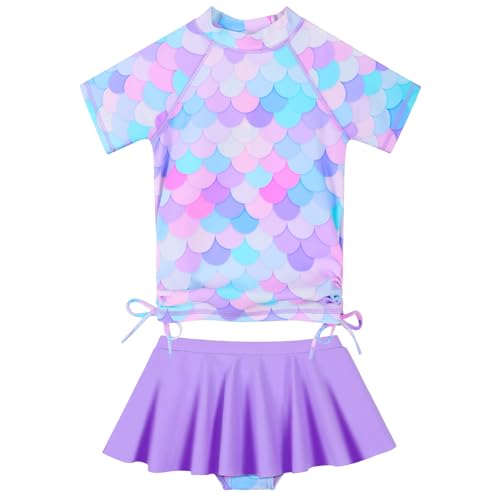 Image of BAOHULU Girls Two Piece Swimsuits Rash Guard Ruffle Bikini Skirt Short Sleeves Beach Dress Swimwear UPF 50+ 3-12Y