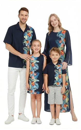 Image of Matchable Family Hawaiian Luau Men Women Girl Boy Clothes in Orchid Paradise Navy