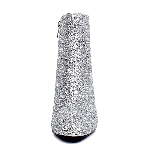 Seifin Women's Sequins Glitter Chunky Heel Ankle Boots Sparkly Wedding Bridal Party Dress Shoes Block Mid Heels Side Zipper Booties(Silver,Us 7) #TOP4