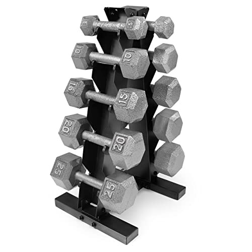 CAPHAUS 5-25 Lb Dumbbell Set with A Frame Storage Rack, Solid Hexagon Free Weights for Women & Men, Cast Iron, Rubber Coated & Color Rack Options Available (Cast Iron Dummbell 150 LBs Set With Black Rack)