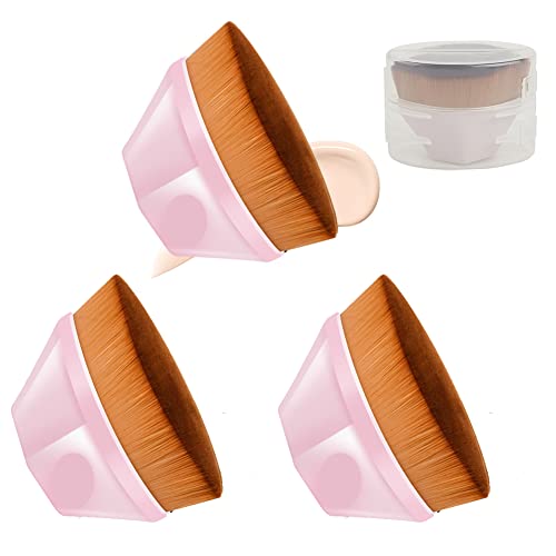 3Pcs Foundation Makeup Brush Flat Top Kabuki Hexagon Face Blush Liquid Powder Foundation Brush for Blending Liquid, Cream or Flawless Powder Cosmetics with Bonus Protective Case (Pink)