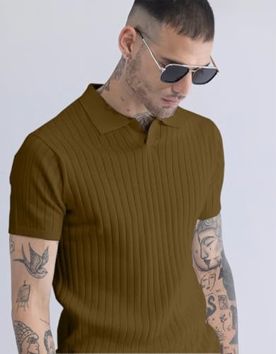 Image of Veirdo Men's Casual Ribbed Polo Collar Knit T-Shirt | Regular Fit Half Sleeve Polo for Men | Flat Knit Textured T-Shirt Perfect for Office, Party, Travel