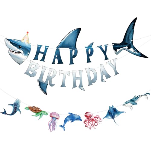 Image of Hooqict Ocean Birthday Party Decorations Shark Happy Birthday Banner Garland Sea Ocean Party Banner for Kids Boys Under The Sea Animal Themed Party Decorations