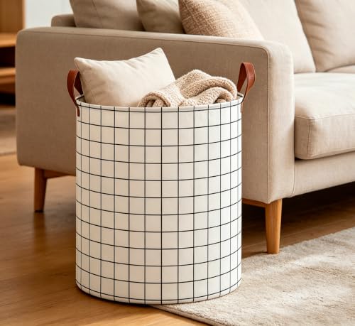 Image of CLOCOR Collapsible Round Laundry Hamper /Large Storage Basket /Room Decor (White check)